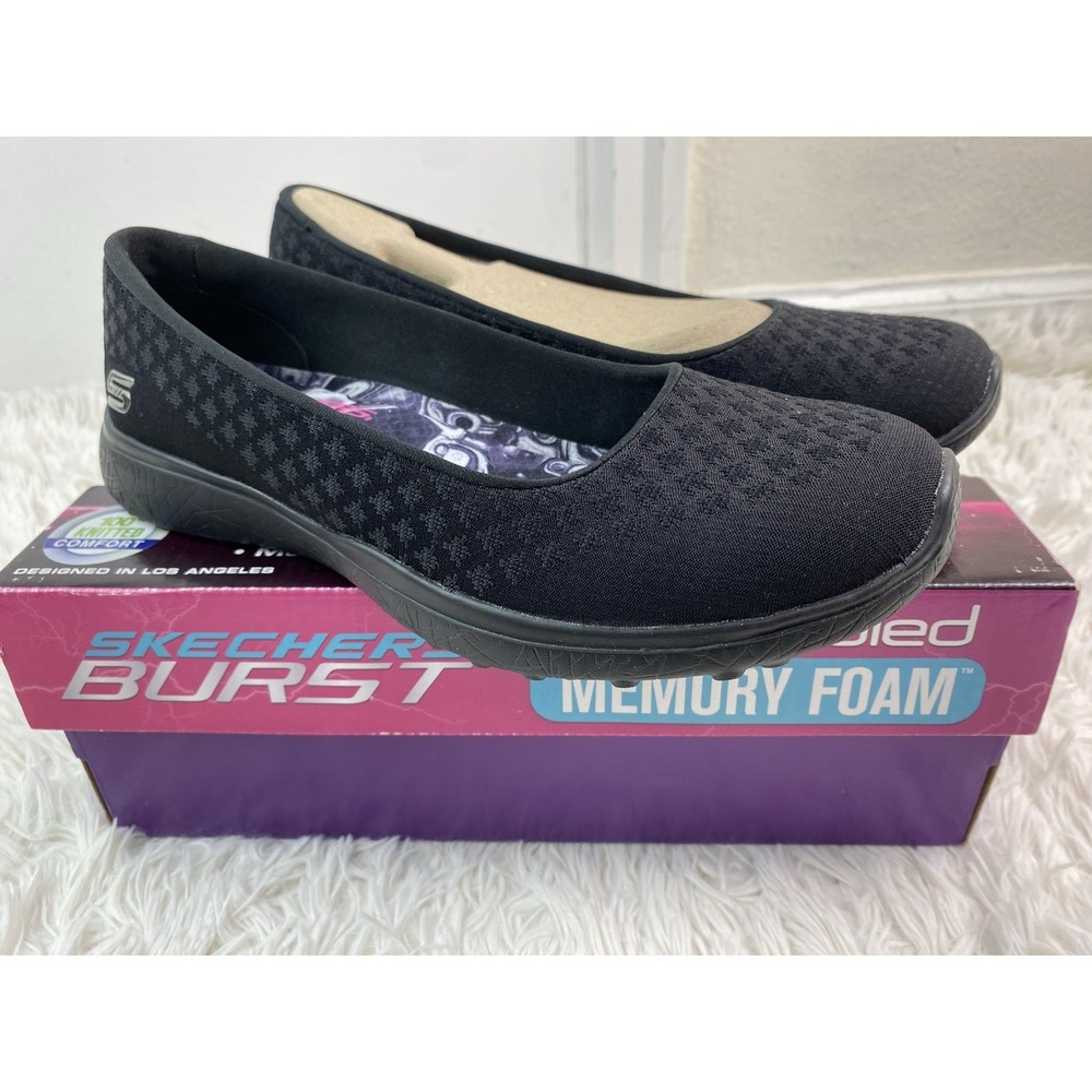 NIB Skechers Burst Women's 7.5 Black Air Cooled Memory Foam Comfort Flats